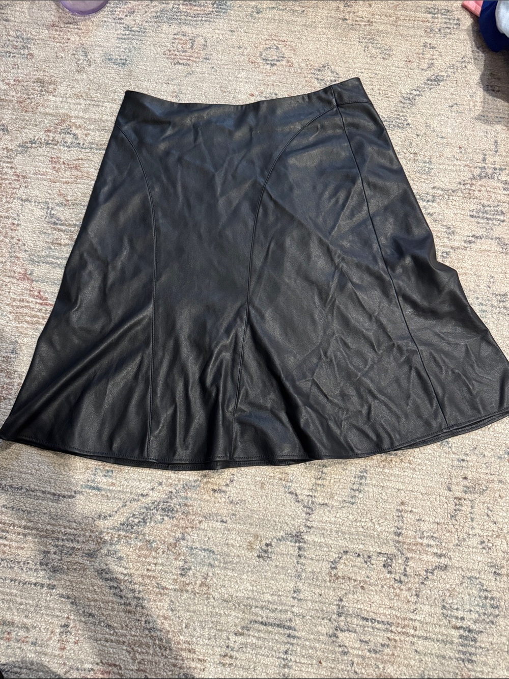 RAFFAELLO ROSSI Black Faux Leather A-Line Skirt with Seamed Panels